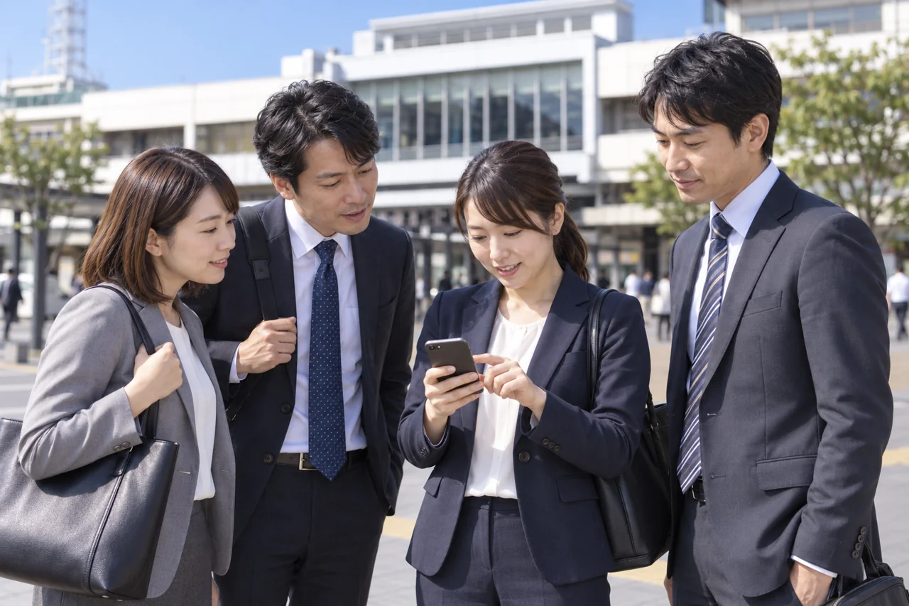 AIによる利用イメージ：松本駅前で仲間4人と予定を確認し、スマホで予約。
