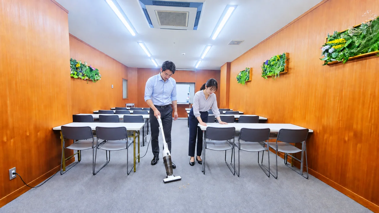 AIによる利用イメージ:掃除機を掛け、テーブルを拭いて元の配置へ。
