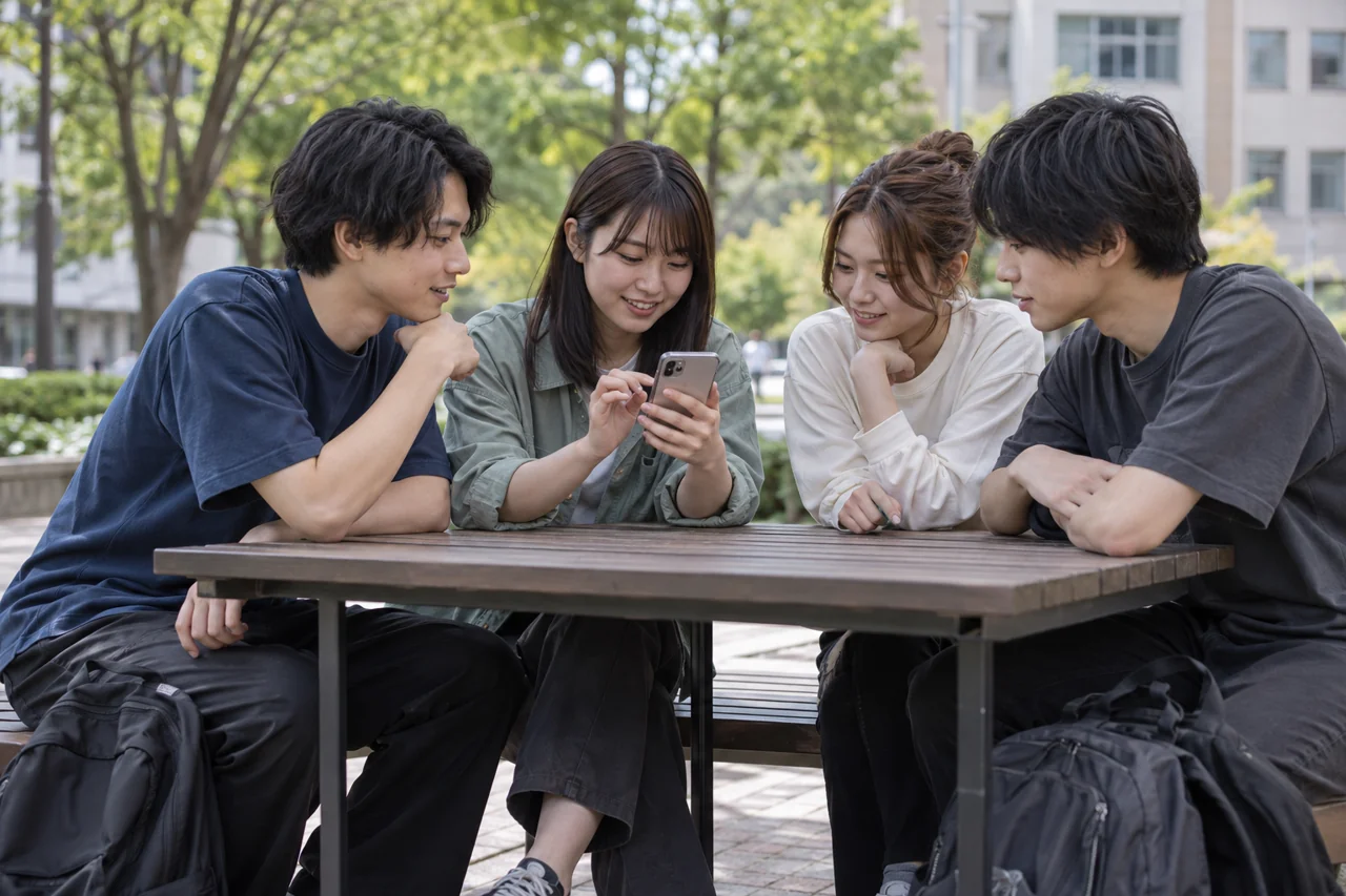 AIによる利用イメージ：仲間4人で日時を相談し、スマホで予約。