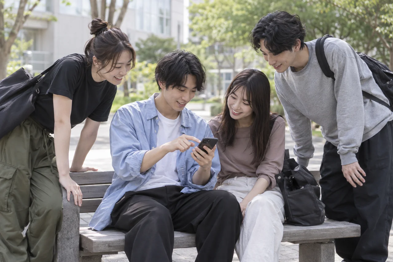 AIによる利用イメージ：仲間4人で使い方と日時を決め、スマホで予約。